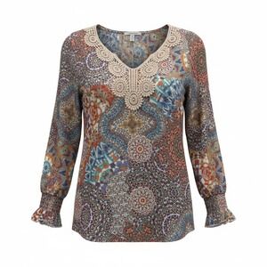 Spense Petite Boho Crochet Neck Tunic Top PM Multicolor Medallion Print Medium